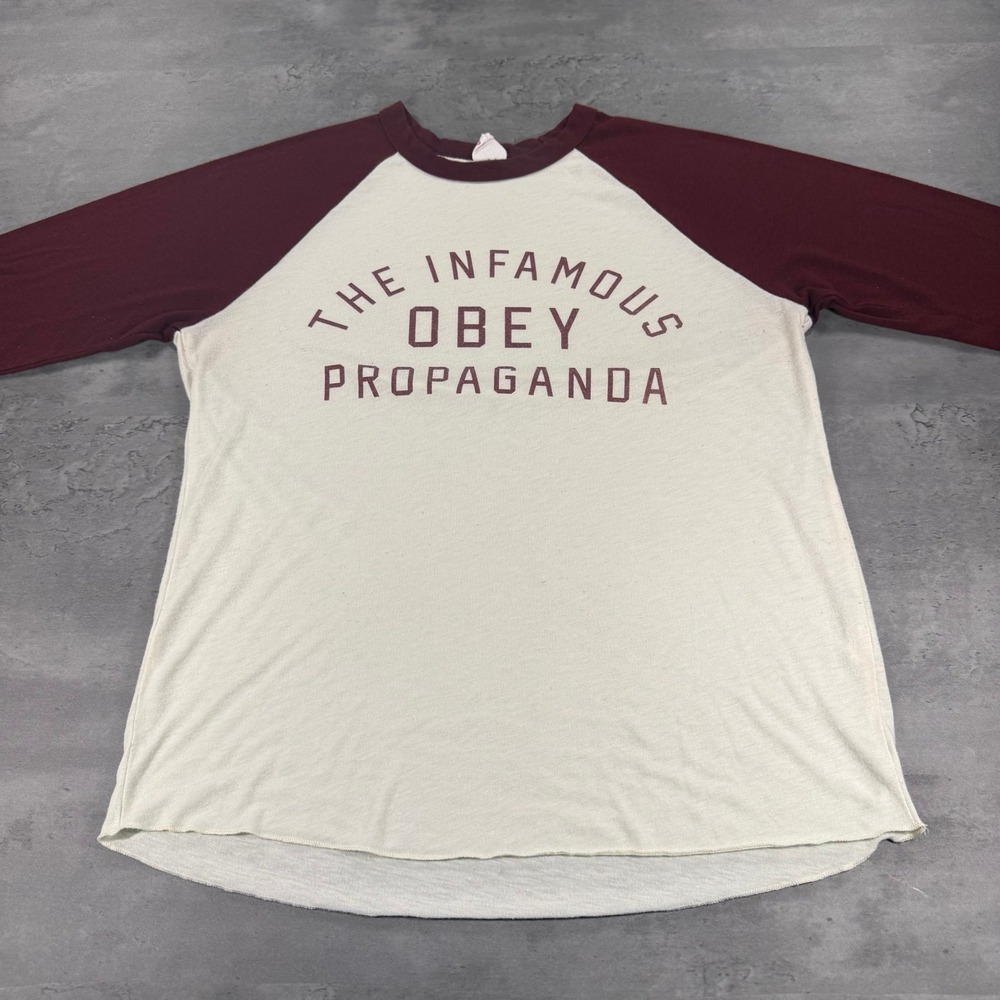 Vintage 90s OBEY Propaganda Raglan Shirt Men M Burgundy Maroon USA Surf Skate